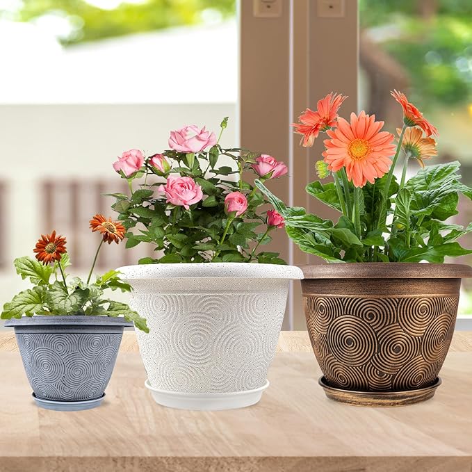 Fodetyff 12 Inch Large Planter Pot for Plants Indoor Outdoor, 4 Pack Plastic Flower Pots with Drainage Hole & Tray, Modern Decorative Garden Pot with Saucer, Plant Container for House
