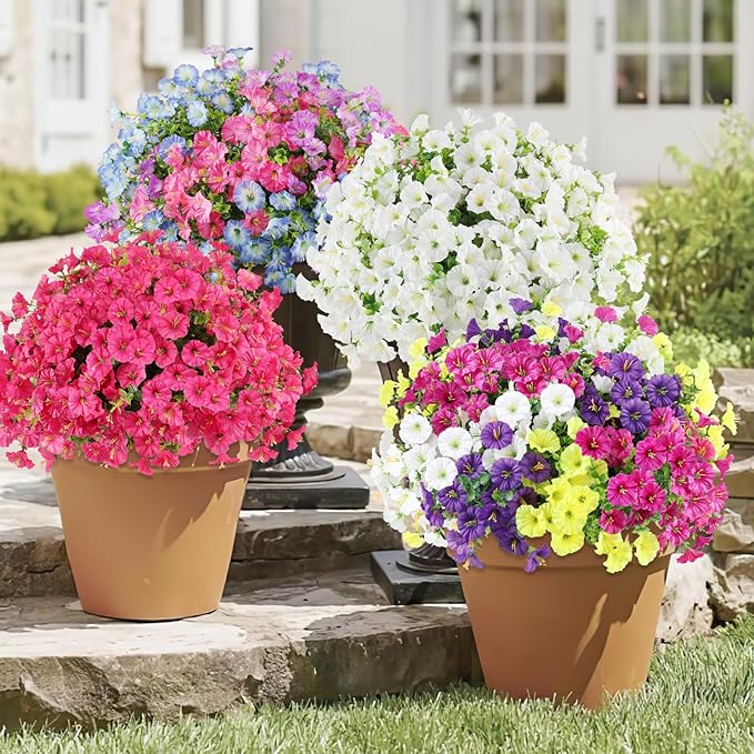 12PCS Artificial Flowers for Outdoor Decorations, Realistic Faux Silk Petunia Flowers for Outside, Fake Plants Morning Glory with Eucalyptus Porch Patio Planters Window Boxes Decor(Rosy red)