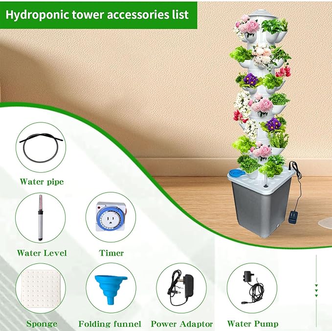 35 Pots Hydroponic Tower, Hydroponics Growing System Tower, Vertical Tower Planter, Pump Tower with Timer Automatic Watering, Irrigation Pump and Movable Water Tank, for Hydroponic Lovers, Grey