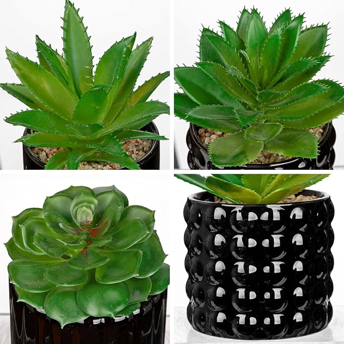 Briful Succulents Plants Artificial in Black Ceramic Pots (Set of 3), Small Fake Plants for Home Office Desk Decor – Modern Mini Potted Succulents for Bathroom, Bedroom, Living Room Table, Shelf