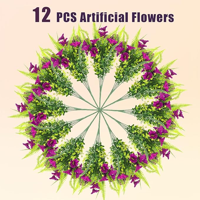 Artificial Flowers for Outdoors 12 Bundles Artificial Petunias Fake Flowers UV Resistant Shrubs Plants with Fern for Indoor Outside Hanging Planters Home Garden Spring Decorations (Magenta)