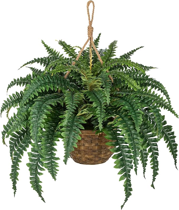 Hollyone Large Fake Hanging Ferns 49 Leaves Boston Ferns Artificial Plants Outdoor Indoor Potted Plant 23.6inch Faux Fern in Baskets Pot Artificial Hanging Fern Bush Plant for Patio Garden Porch Decor
