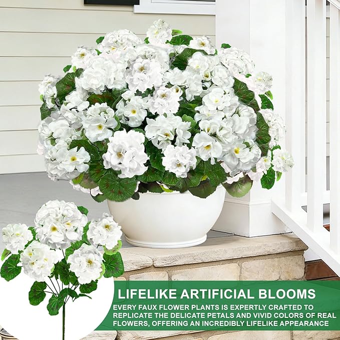 TURNMEON Artificial Geraniums Flowers for Outdoors Summer Decoration, 4 Bundles Fake Flowers Silk White Flowers UV Resistant No Fade Faux Plants for Planter Gardens Table Porch Indoor Cemetery Decor