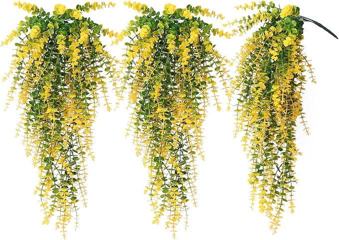 RECUTMS Artificial Plants Hanging Outdoor Fake Plants Hanging Vines Faux Eucalyptus Leaves Greenery Vines Fake Vines Plants for Room Wall Decor Garden Outdoor Wedding Courtyard Decoration(Yellow)