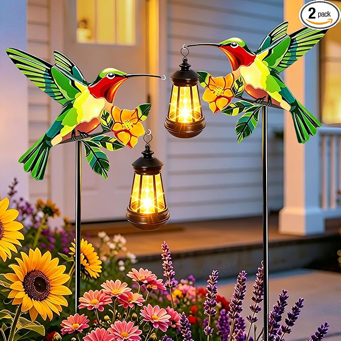 2 Pack Solar Lights Outdoor Waterproof Hummingbird Decorative, 29in Metal Hummingbird Garden Stakes with Solar Lanterns for Yard Art Outside Patio Porch Lawn, Gifts for Women Mom Grandma Mother's Day