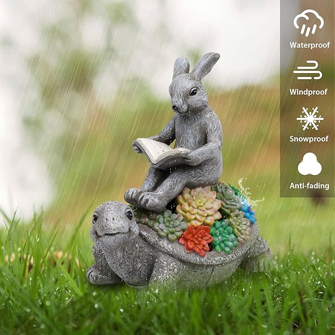 TERESA'S COLLECTIONS Garden Decor, Rabbit Turtle Garden Decor, Cute Bunny and Tortoise with Solar Light, Waterproof Resin Garden Statue, Rabbit Turtle Gifts, Birthday Gifts for Women Mom 6.3"