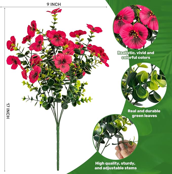 17 Inch Artificial Faux Pansy Flowers for Outdoor,Fake Pansies Flowers with Eucalyptus Leaves Fake Plants Greenery Boxwood Porch Patio Decor 6 Bundles(Light Purple,Pink,Dark Rose)