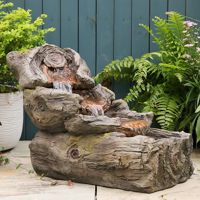 Sunlinua 23.62" L Outdoor Water Fountain with 3 Tiers Cascading Realistic Tree Trunk Waterfall Fountains with LED Lights Outdoor Water Fountain for Garden Patio Backyard Porch Home Decor
