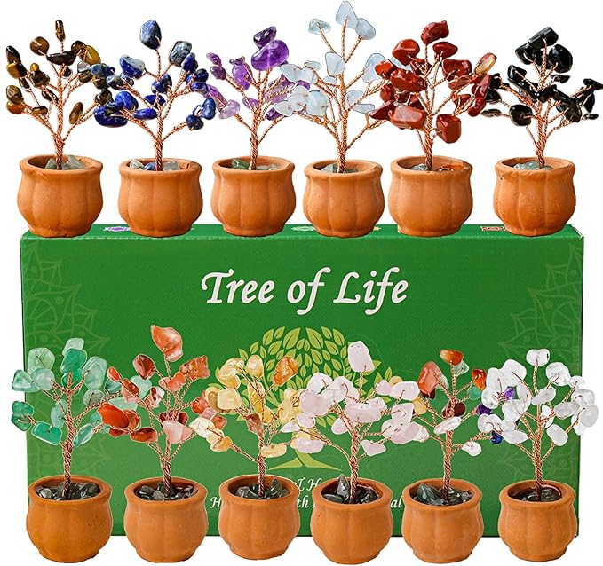 Runyangshi 12pcs Crystal Tree Set Tree of Life Natural Crystal Stones with Bonsai Base Gemstone Trees Fengshui Good Luck Positive Energy Home Decor