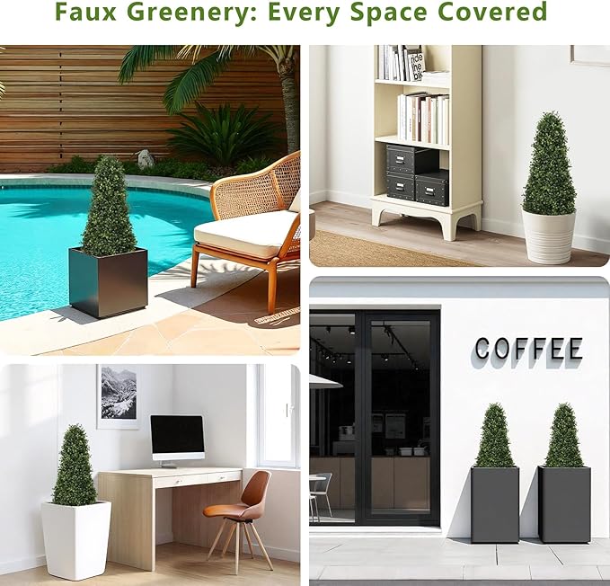 3ft Artificial Boxwood Topiary Trees (Set of 2) - UV Resistant Faux Plants Outdoor, Realistic 36" Fake Cone Bushes and Shrubs for Front Porch, Planter, Patio, Evergreen