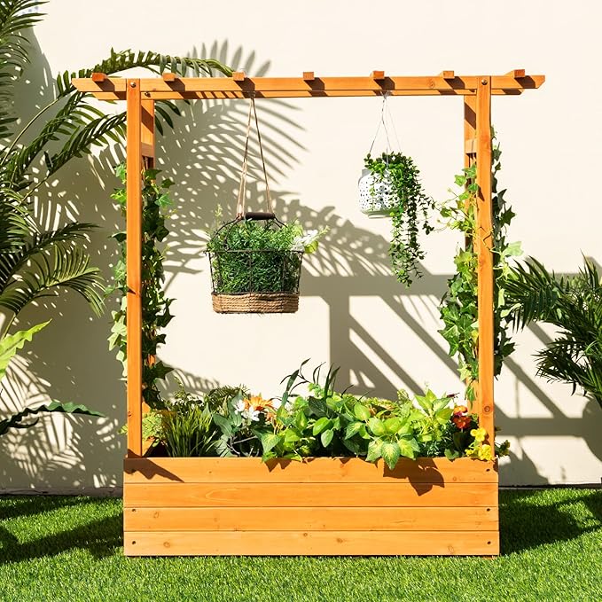 LDAILY Raised Garden Bed with Trellis, Above Ground Garden Bed with Hanging Roof, Side Trellis, & 4 Drainage Holes, Planter Box for Outdoor Climbing Plants Vines Flowers (2, 43.5"L x 17.5"W x 44.5"H)