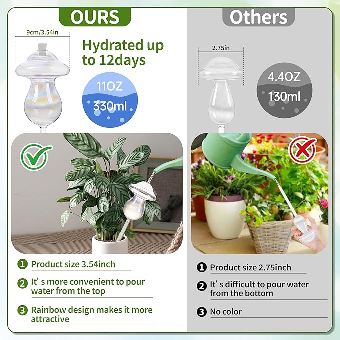 11 oz Up Large Plant Watering Globes, Self Watering Planter Insert, Glass Plant Watering Devices, Mushroom Self Watering Globes, Automatic Watering Bulbs for Indoor Outdoor Plants (Large 2-Pack)