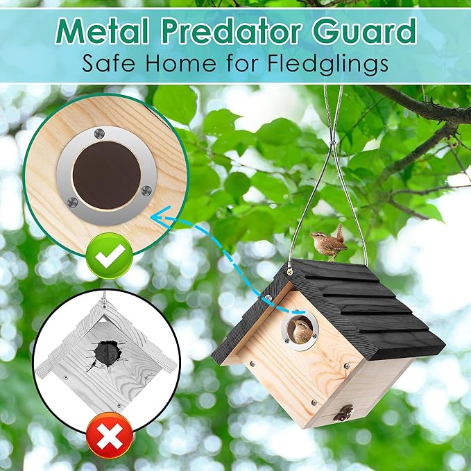 Dreyoo 2 Pack Wren House, 1-1/8'' Entrance Hole Hanging Wooden Wren Bird Houses for Outside with Metal Guard, Air Vents, Pine Wood for Chickadees (Black,Wood Color)