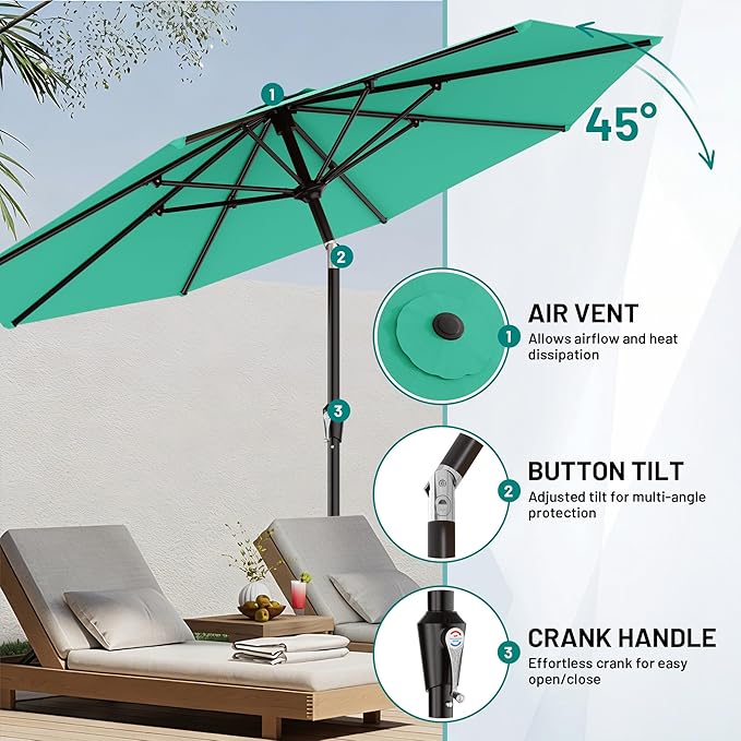 AreShark 9 FT Patio Umbrella for Outdoor, Outdoor Table Umbrella with Push Button Tilt and Crank, Outdoor Patio Umbrellas with 8 Sturdy Ribs for Market, Garden, Pool (Peacock Blue)