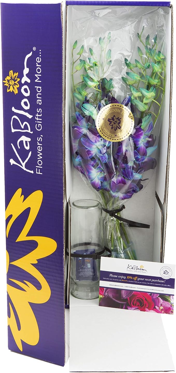 KaBloom PRIME NEXT DAY DELIVERY - Fall Collection - Exotic Sapphire Orchid Bouquet of 10 Blue Orchid with Vase.Gift for Birthday,Anniversary, Get Well, Thank You,Valentine, Mother’s Day Fresh Flowers