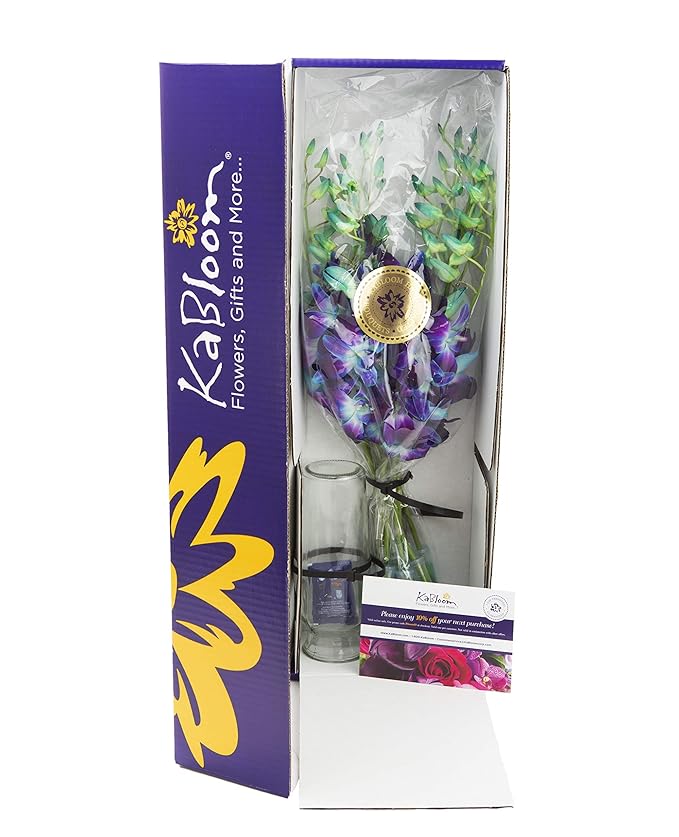 KaBloom - Exotic Sapphire Orchid Bouquet of Blue Orchids from Thailand with Vase - Fresh Flowers for Birthday, Valentine's & Mother's Day