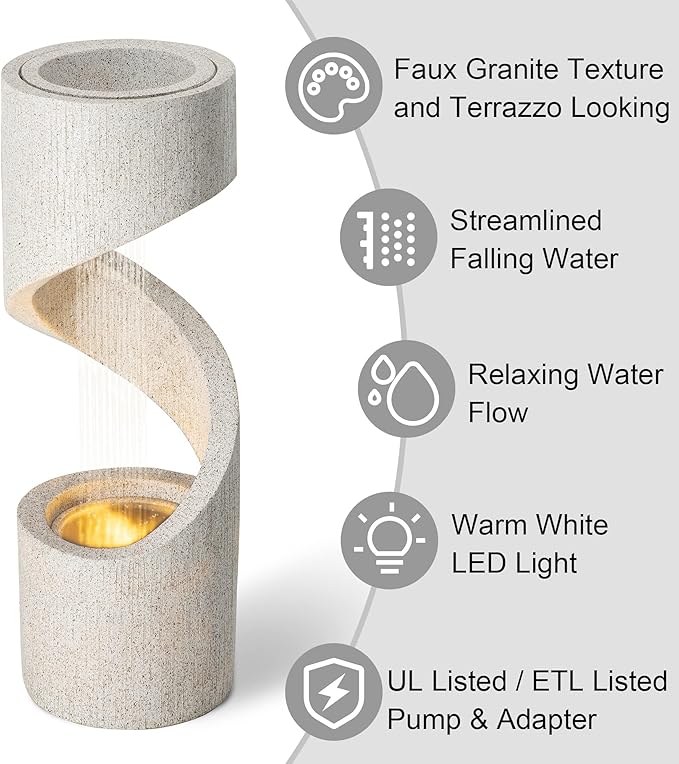 Glitzhome Outdoor Water Fountain with LED Light, Modren Curved Waterfall Fountain with Stone Planter, Faux Terrazzo Spiral Shaped Outdoor Fountains Water Feature for Garden Patio Deck Porch, 40.25”H
