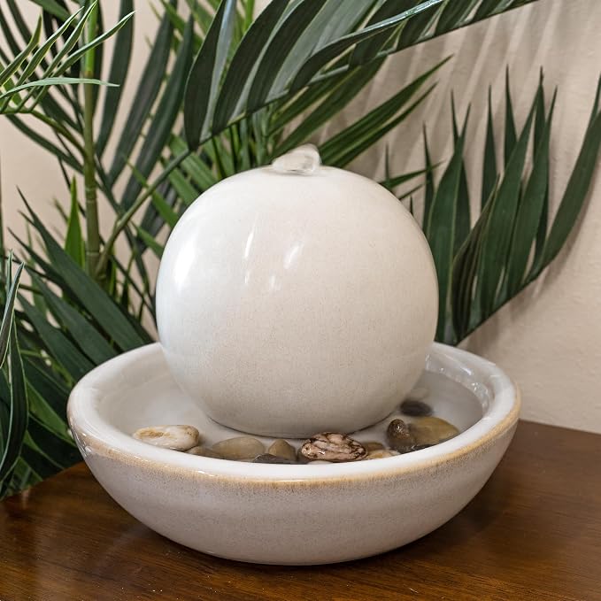 Sunnydaze Tabletop Ceramic Tabletop Fountain with Orb - Relaxing Indoor Fountain for Meditation - for Office, Bedroom, or Living Room - White