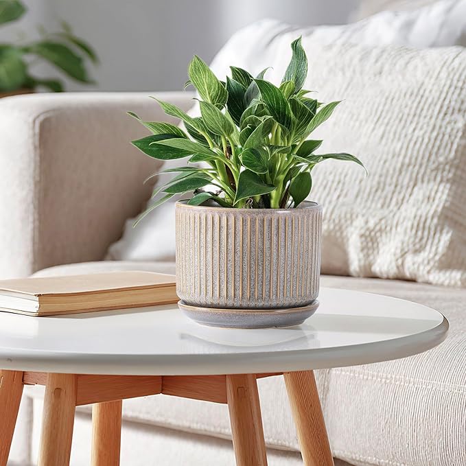 Speckle Gray Ceramic Plant Pots Set of 3, 4.3+5.5+6.7 Inch Indoor Flower Pot with Drainage Hole & Saucer & Hole Pads, Striped Decorative Planter Set for Indoor Plants, Gardening Pots & Accessories