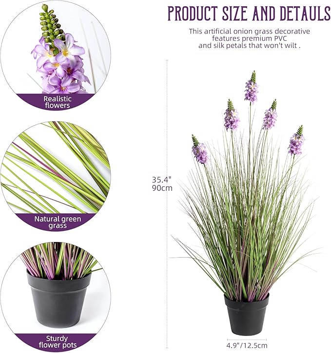 Artificial Plants Indoor Tall Grass Plants with Lilac Flower 35.4In Tall Artificial Ornamental Grass Green Onions Outdoor Fake Plants with Black Pot Home Office Decorative (1 Pack,Purple)