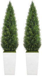 Realistic Artificial Cedar Tree with Planter Set of 2,Faux Topiary Cypress Plant for Home,Office,Living Room,Porch Indoor Outdoor Decor,No Maintenance Fake Evergreen Shrub (5FT White)