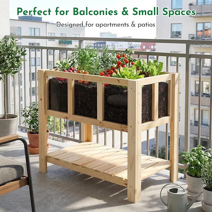 ketive Raised Garden Bed with Transparent Acrylic Side Panels, Elevated Wooden Planter Box with Shelf for Vegetables, Herbs & Flowers,Outdoor Raised Garden Planter for Patio, Balcony & Backyard