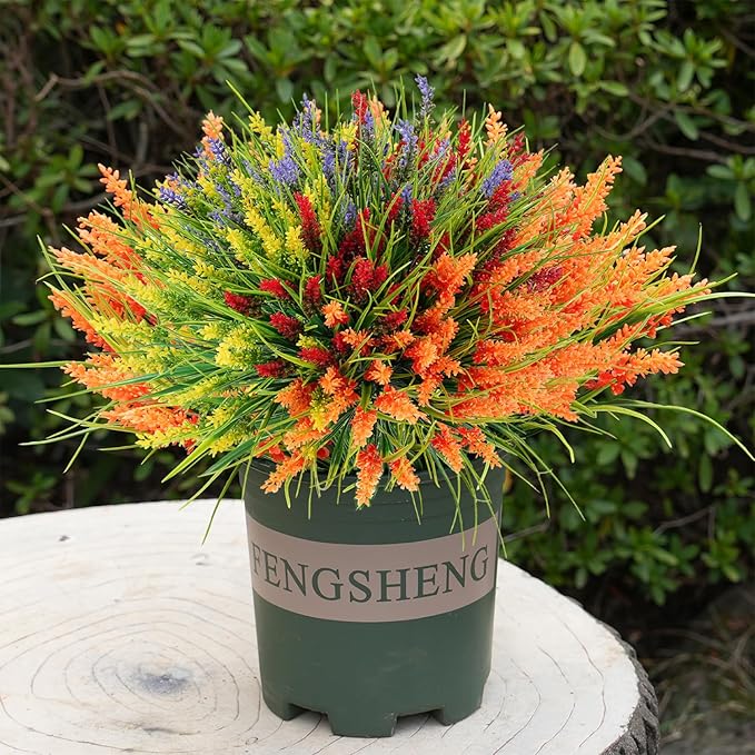 20 Bundles Artificial Plants Outdoor, UV Resistant Fake Flowers, Realistic Faux Lavender Shrubs for Porch Garden Window Box Home Decoration (Yellow Lightpurple Red Orange)