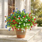 Hananona 48 Pcs Artificial Flowers Outdoor, Faux Artificial Plants UV Resistant Plastic PatrioticFlower for Hanging Planter Porch Window 4th of July Decor (48, Red, White, Blue)