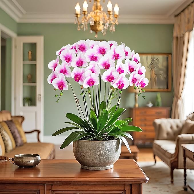 Htmeing 38 Inch Artificial Phalaenopsis Flowers Branches Real Touch (Not Silk) Orchids Flowers for Home Office Wedding Decoration,Pack of 2 (White Pink)