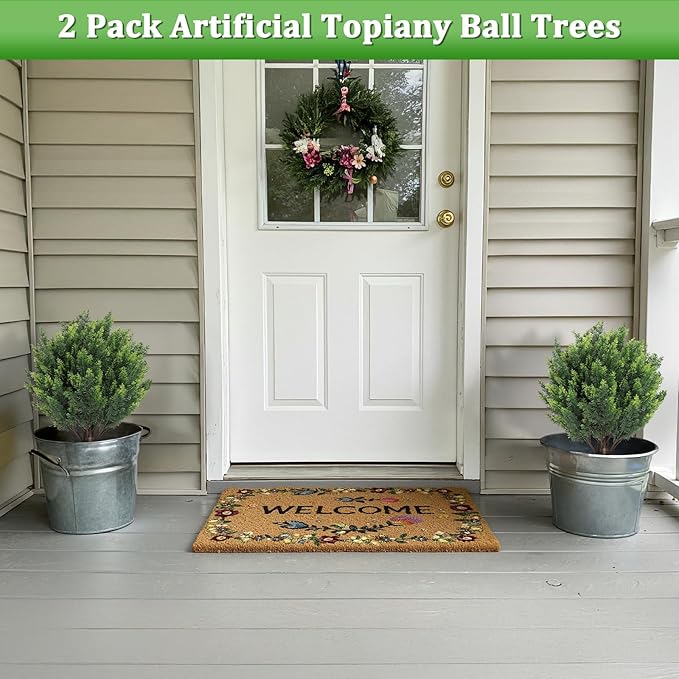 Shinoske 23.8" Artificial Cedar Topiary Ball Trees,Set of 2 Outdoor Faux Evergreen Shrubs with Ground Spike,UV Resistant Fake Cedar Plants for Front,Garden,Porch,Yard