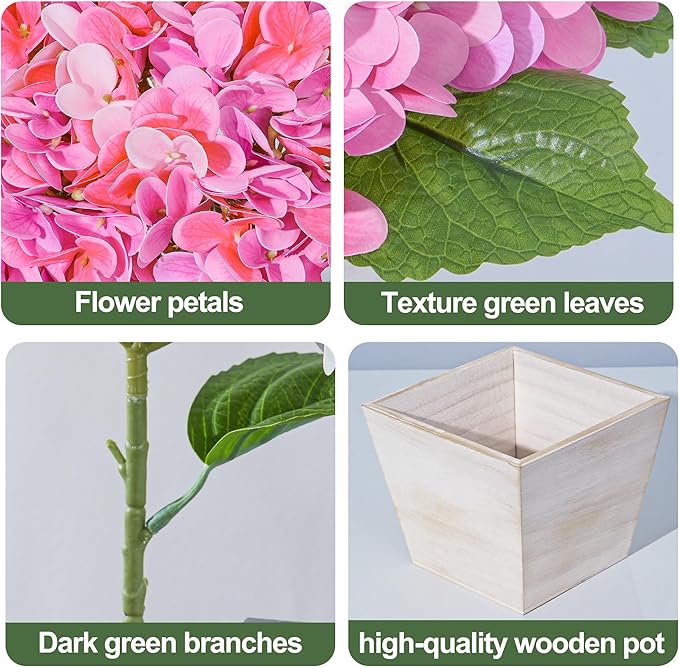 Artificial Hydrangea Flowers Arrangement in Wood Planter, 4PCS Fake Pink Flowers in Wooden Vase Potted Floral Centerpieces for Tables Living Room Home Office Room Shelf Kitchen Decor
