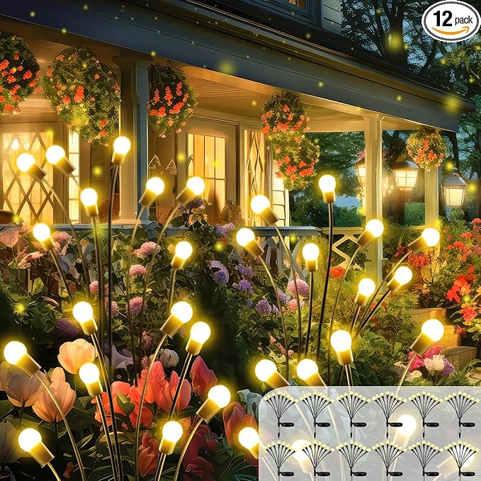 2026 Upgraded Solar Lights Outdoor, 12 Pack Solar Garden Lights with 2 Modes, Firefly Lights Outdoor Waterproof, Sway by Wind, Twinkle Firefly Light for Yard Patio Path Garden Decoration (Warm White)