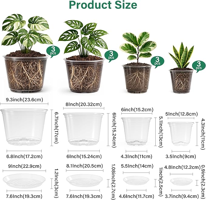 Bluepro 12 Pack 10/8/6/5 Inch Reinforced Large Clear Nursery Pots with Saucers, Transparent Variety Pack Plastic Plant Pot with Drainage Holes for Vegetable Propagation, Root Cutting, Seed Starting