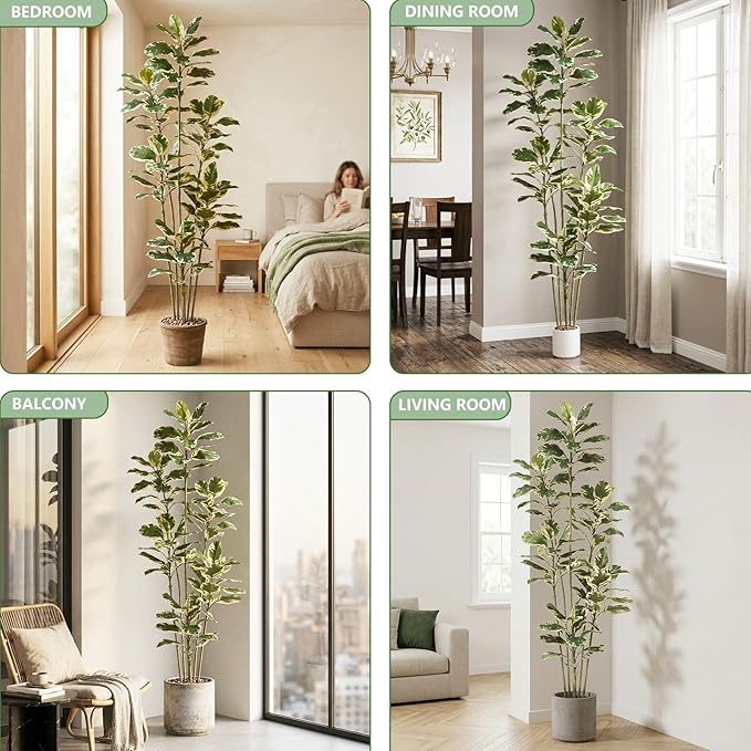 Artificial Rubber Tree 7FT, Tall Fake Plants in White Planter, Faux Plants Indoor Large Floor Silk Rubber Plant in Pot, Tropical Artificial Trees for House Home Office Room Outdoor Decor