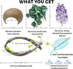 Crested Gecko Terrarium Decor Kit - 5PCS Rainforest Tank Accessories with Coconut Hide, Climbing Vines, Leaf Platform & Artificial Plants - Habitat Enrichment for Humidity & Hiding (Purple)