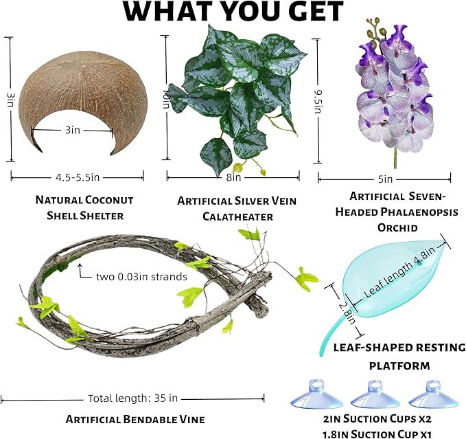 Crested Gecko Terrarium Decor Kit - 5PCS Rainforest Tank Accessories with Coconut Hide, Climbing Vines, Leaf Platform & Artificial Plants - Habitat Enrichment for Humidity & Hiding (Purple)