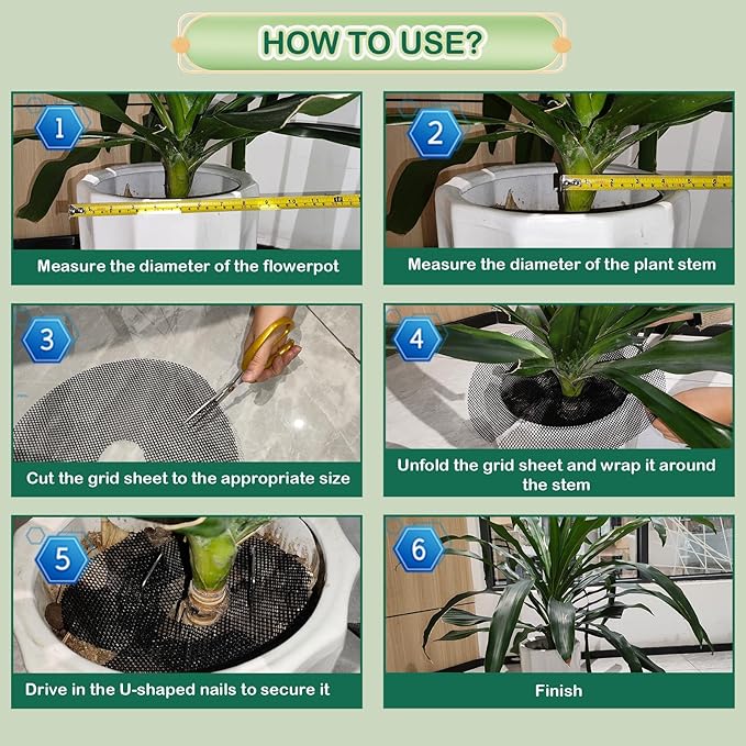 6 Pcs 11.8 Inch Plant Pot Grids, Cuttable Plant Pot Soil Covers Protectors from Animals with 30 Pcs U-Shaped Nails, Cat Dog Digging Proof Protection for Indoor Outdoor Potted Plants