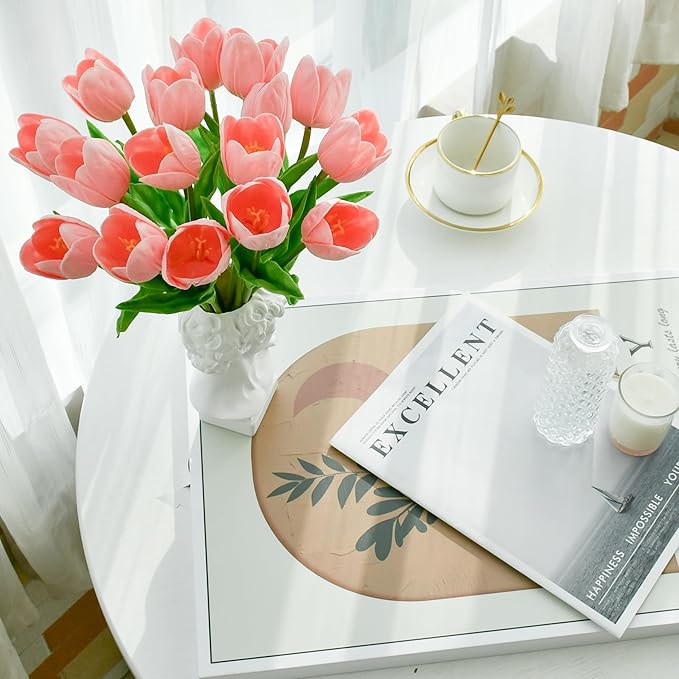 Mandy's Light Pink Partially Open Artificial Tulips Flowers Centerpiece, 13.5" Lifelike PU Fake Floral Stems 12pcs for Kitchen Island & Dining Table, Spring Decor for Easter