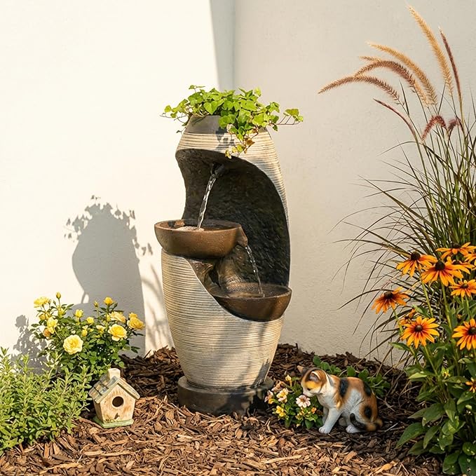 Bumilgar 2-Tier Bowl Water Fountain with LED Lights, 27.95" Tall Freestanding Outdoor & Indoor Garden Waterfall Fountain for Yard, Patio, Backyard, Floor Standing Home Decor
