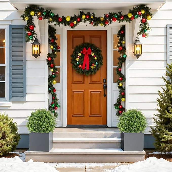 24" Artificial Outdoor Plants Set of 2 – UV Resistant Faux Cedar Topiary Trees, Realistic Fake Bushes and Shrubs for Front Porch, Patio, Outside Planters Decor