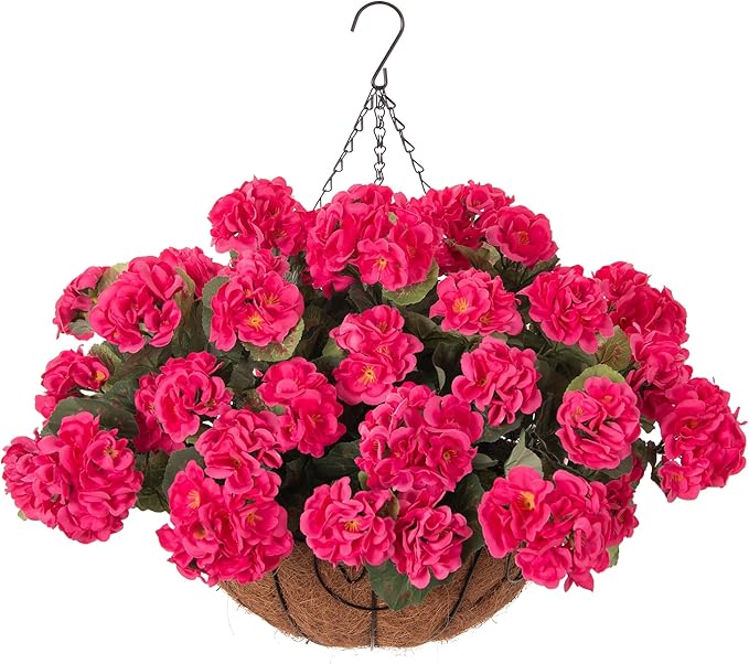 INSPRING Geraniums Artificial Flowers Hanging Basket for Outdoors Outside Spring Decoration, 8 Bundles Silk Flowers Fake Plants Look Real UV Resistant for Porch Home Patio Balcony Yard, Hotpink