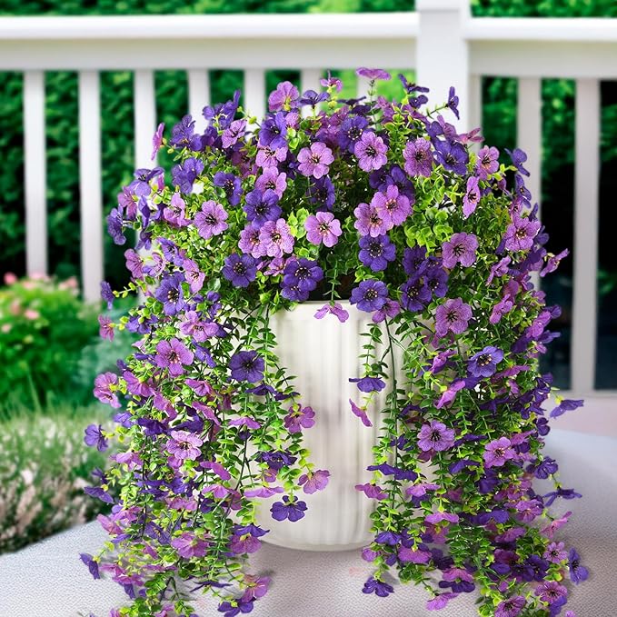Artificial Hanging Flowers Plants for Outdoor Spring Summer Decoration, 2PCS Faux Silk Daisy UV Resistant Look Real for Outside Home Indoor Planter Porch Garden Yard Decor(Dark Orchid)
