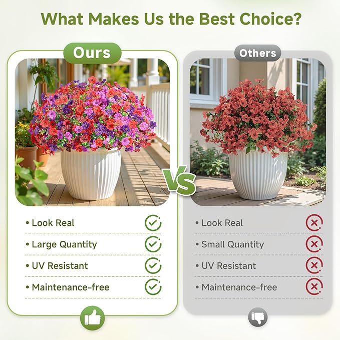 Alupssuc 48 Bundles Artificial Flowers for Outdoors Decoration, UV Resistant Silk Faux Floral Spring Fake Plastic Plants Greenery for Outside Indoor Garden Porch Window Box Home Decor(4 Colors)