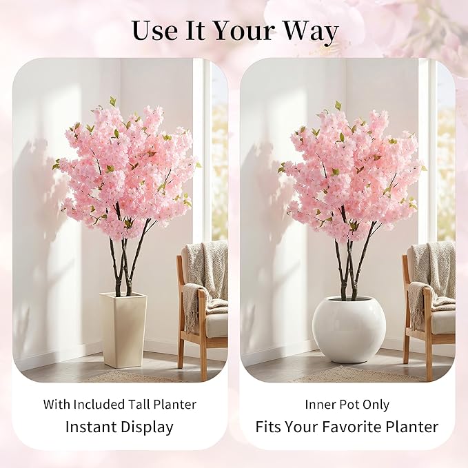 BLOSMON Cherry Blossom Tree for Porch: 5ft Pink Fake Flowers Artificial Tree with Tall Planter for Outdoor Decorations - Faux Sakura Plants for Indoor Home Living Room