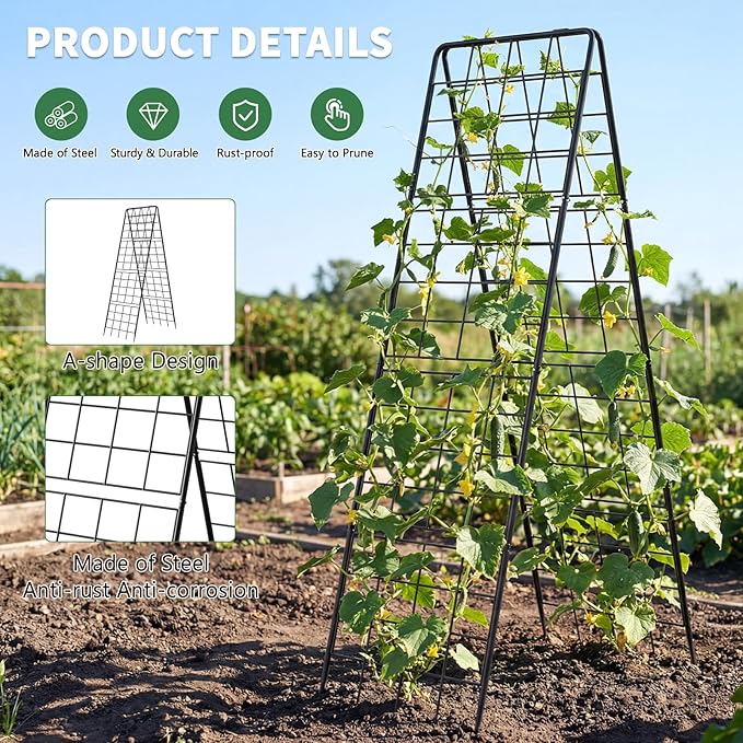 2 Pack Cucumber Trellis, 71" High Foldable A-Frame Garden Trellis for Raised Bed Garden Grow Support with Plant Support Clips Ties for Cucumber,Tomato, Climbing Plants and Flowers