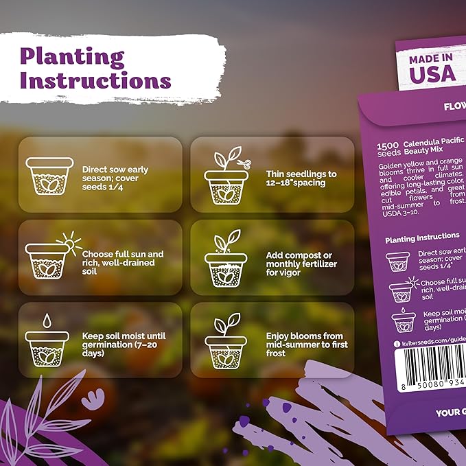 KVITER 150 Mix Pacific Beauty Calendula Seeds (Calendula Officinalis) - Pot Marigold, Heirloom and Non GMO - Annual Flower Seeds in Seed Packets for Outdoor and Indoor Garden, Containers, Cut Flowers