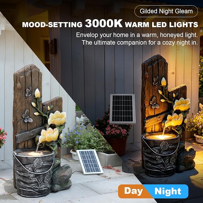 30.7" H Solar Water Fountain Outdoor Garden, Rustic Tiered Magnolia Flower & Bucket Waterfall with 4000mAh Battery Backup, Warm LED Lights & 5W Solar Panel for Patio, Porch, Backyard and Home Decor