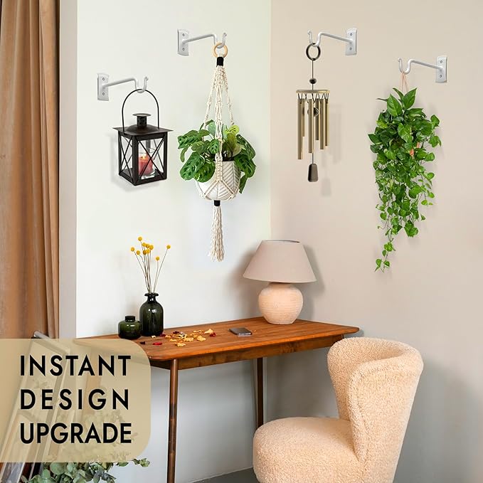 RTZEN Plant Hangers Outdoor or Indoor - Wrought Iron Metal Hanger Indoor Hook - Heavy Duty Wall Bracket Hooks for Hanging Plants Baskets Lanterns Wind Chimes - 2 Pack (White Shepherds Hooks 7.5")