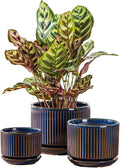 Navy Blue Ceramic Plant Pots Set of 3, 4.3+5.5+6.7 Inch Indoor Flower Pots with Drainage Hole & Saucer & Hole Mesh Pads, Striped Decorative Planter Set for Indoor Plants, Gardening Pots & Accessories