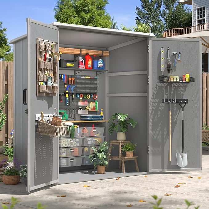 Aoxun 5x3 FT Outdoor Storage Shed, Plastic Resin Garden Shed with Floor for Patio, Lawn, Outdoor Storage Cabinet with Lockable Door for Bike, Tools, Garbage Can, Grey